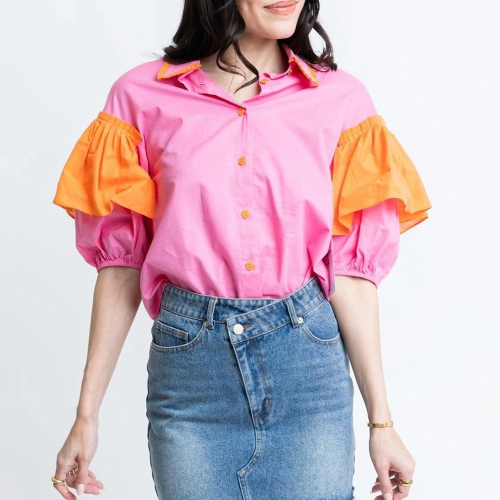 Karlie Pink and Orange Puff Sleeve Button-Up Top